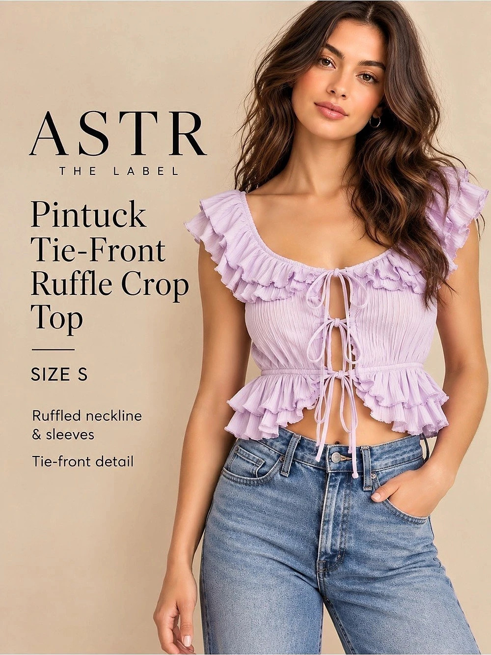 ASTR The Label Lavender Pintuck Tie Front Ruffle Crop Top Size S